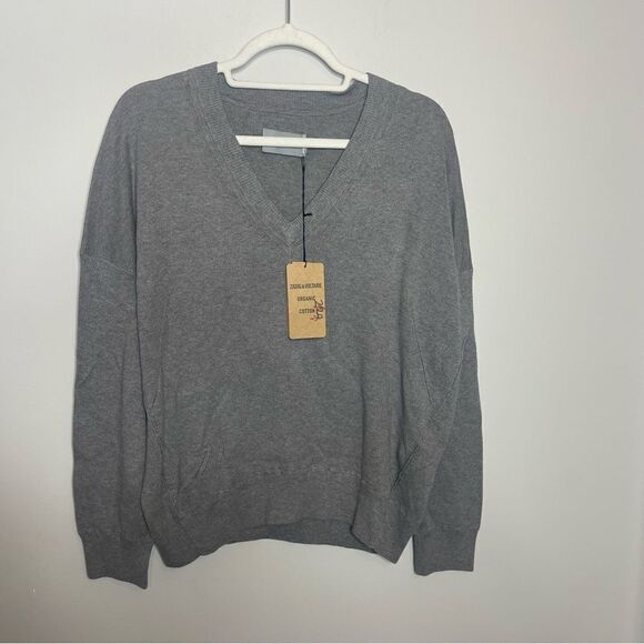 ZADIG & VOLTAIRE Brumy V-Neck Sweater Slub Cotton Gray Size Small - Picture 6 of 12